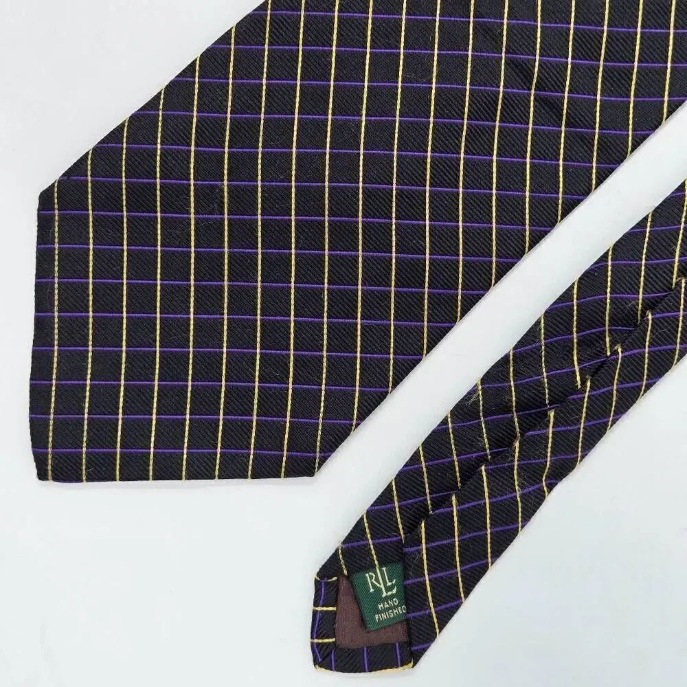 LAUREN RALPH LAUREN LRL SILK TIE BLACK PURPLE YELLOW STRIPE SATIN 4